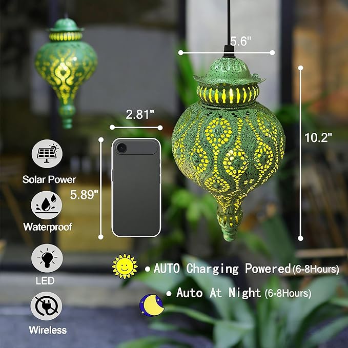 Moroccan Solar Lanterns Outdoor Waterproof Green Hanging Lanterns Outdoor Ramadan Garden Decor Gardening Gifts for Women Mom Grandma Solar Lights for Patio, Pathway, Yard, Porch, Backyard.