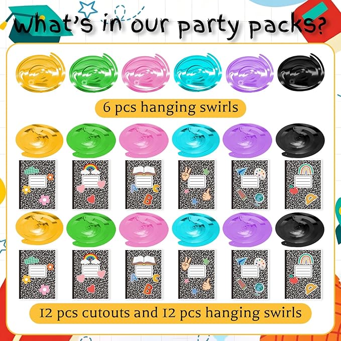 Composition Notebook Hanging Swirls - 30 Pcs Composition Notebook Decorations Ceiling Streamers for School Classrooms Back to School Party Decorations