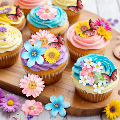 55 Pcs Edible Flowers & Butterflies Cake Decorations - Cupcake Toppers for Wedding, Birthday Party Food (Mixed Size & Colour)