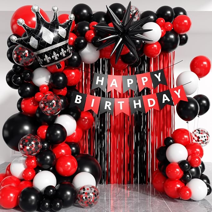 Red and Black Birthday Party Decorations 152Pcs, Red Black White Balloons Arch Kit with Banner Fringe Curtains for 16th 18th 21st 24th 32th 40th 50th 60th Birthday Decorations for Men