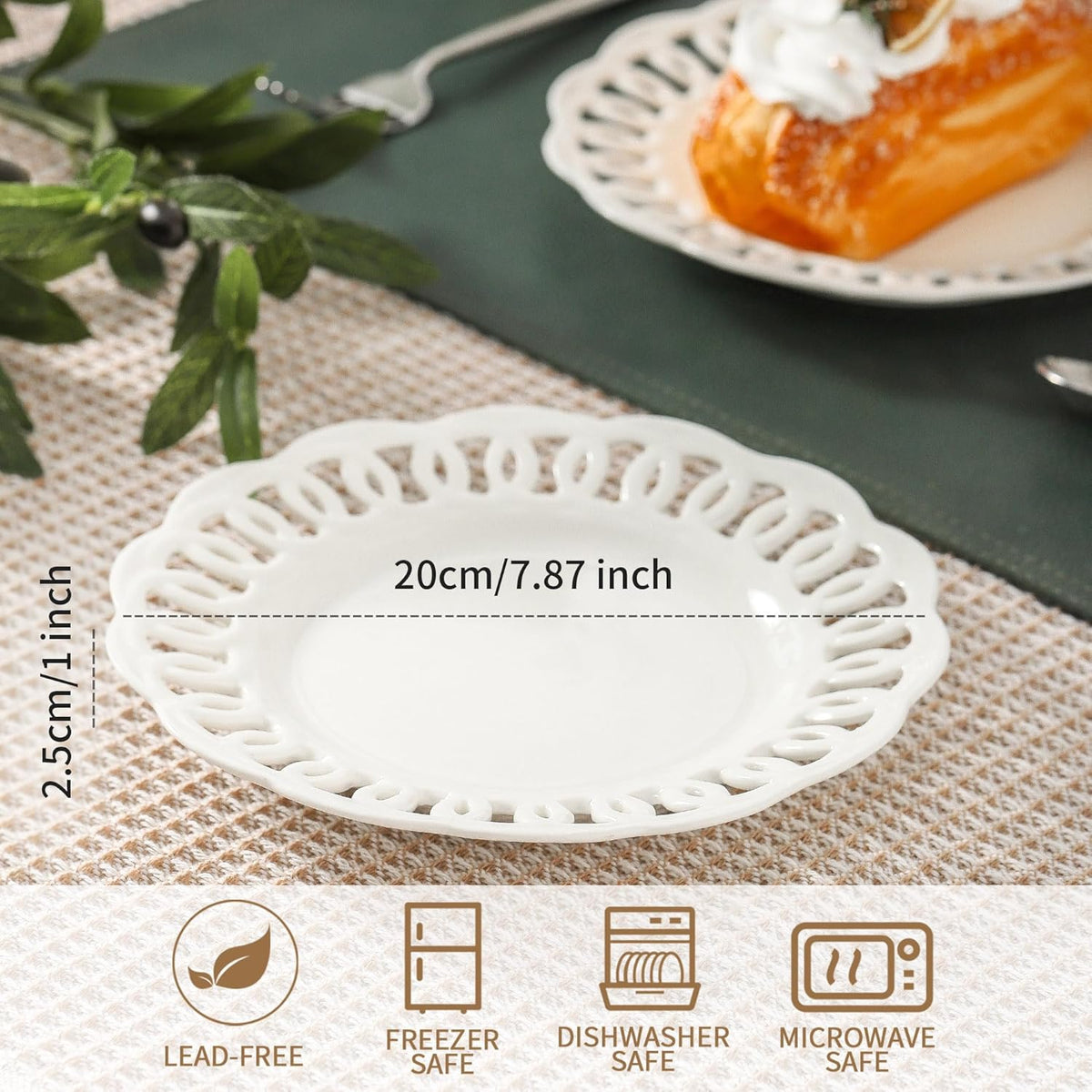 fMBB Round Appetizer Plate with Scalloped Edge Lace Rim, Set of 4, White 8 inch Ceramic Dessert Plates, Small for Cake Snack Side Dish