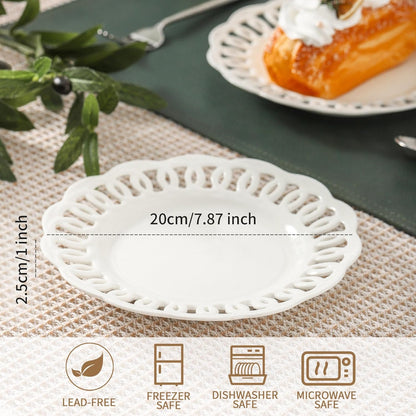 fMBB Round Appetizer Plate with Scalloped Edge Lace Rim, Set of 4, White 8 inch Ceramic Dessert Plates, Small for Cake Snack Side Dish