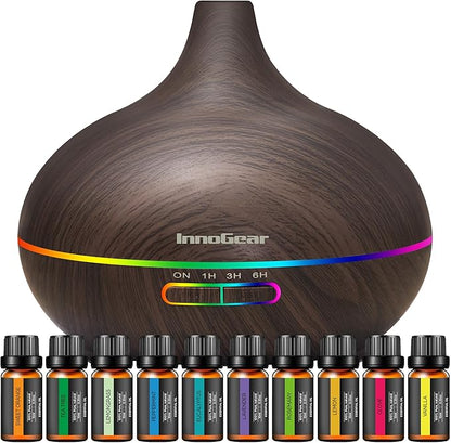 InnoGear Aromatherapy Diffuser & 10 Essential Oils Set, 400ml Diffuser Ultrasonic Diffuser Cool Mist Humidifier with 4 Timers 7 Colors Light Waterless Auto Off for Mother's Gift, Dark Wood Grain