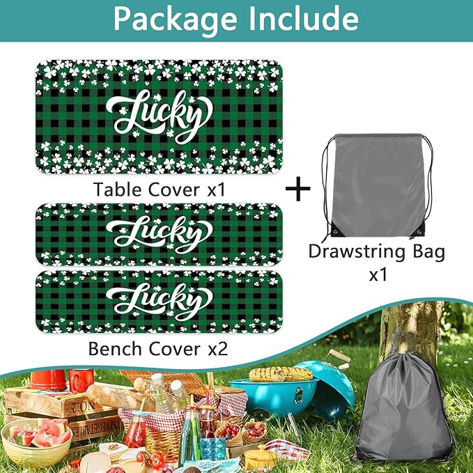 St. Patrick's Day Picnic Table Cover with Bench Covers, Camping Essentials, Buffalo Plaid Shamrock Lucky Outdoor Table Covers, Waterproof, Fitted Tablecloth Cover with Elastic Edge, 3 PCS, 30x96 Inch