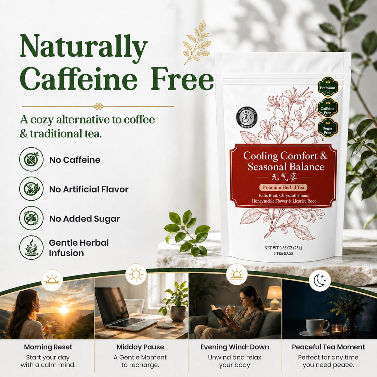 Herb Guru Herbal Tea, Caffeine Free, 5 Bags Brew Up to 50 Cups, 0.88 oz