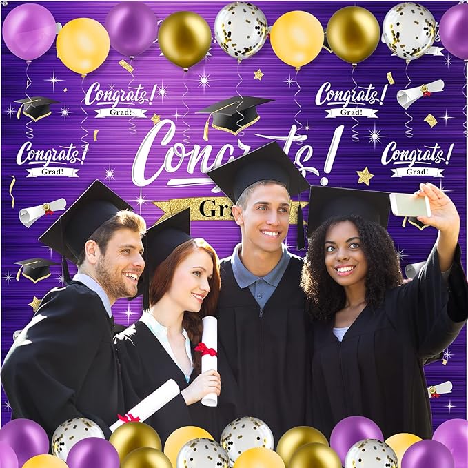Graduation Party Decorations Including Congrats Grad Photography Backdrop Banner Balloons Garland Arch Kit for Adults Kids Grad Party Decoration Supplies (Purple and Gold)