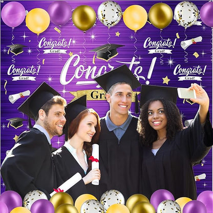 Graduation Party Decorations Including Congrats Grad Photography Backdrop Banner Balloons Garland Arch Kit for Adults Kids Grad Party Decoration Supplies (Purple and Gold)