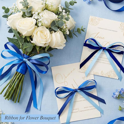 woric 120 Yards Blue Ribbon 3/8 Inch x 4 Rolls, 30 Yd/Roll, Light/Baby/Navy/Royal Blue Satin Ribbon for Graduation Leis Baby Bridal Shower Gift Wrapping