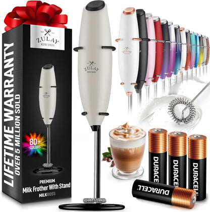 Zulay Powerful Milk Frother (4 Duracell Batteries Included) - Handheld Milk Frother Wand Drink Mixer for Coffee - Powerful Milk Foamer for Cappuccino, Frappe, Matcha - Exec Grey/Black/Black Stand