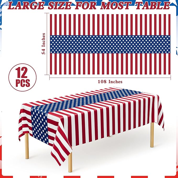 QZYL 12 Pack 4th of July Tablecloths, 108" X 54" 250th Anniversary American Plastic Tablecover, Disposable Patriotic USA Red White Blue Table Cover, Fourth of July Decorations for Party Home
