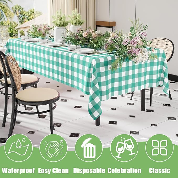 Smiry 3 Pack Teal Gingham Disposable Tablecloths - 54" x 108" Heavy Duty Plastic Table Cloth, Waterproof Buffalo Plaid Table Covers for Picnic, Banquets, Outdoor Parties