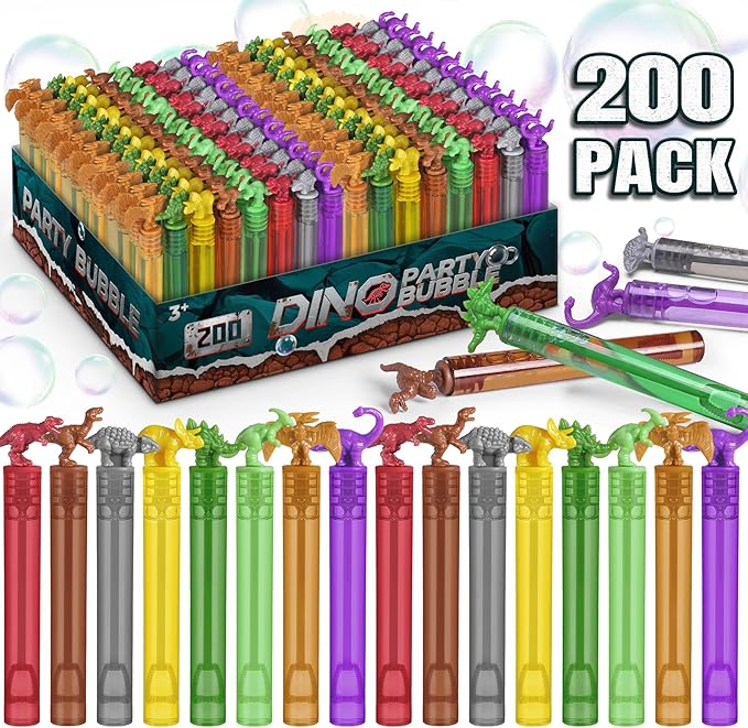 Bulk Dinosaur Bubble Wands for Kids, 200 Pack Mini Bubble, Dino Birthday Party Favors Decoration, Pinata Fillers, Goody Bag Stuffers, Classroom Treasure Box Prizes, Toddler Outdoor Gifts Toys
