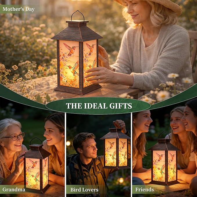 Solar Lanterns Outdoor, Waterproof Garden Hummingbird Solar Lantern, 13" Outdoor Lantern with LED Flickering Flameless Candles, Lanterns for Women Mom Gifts Decorations for Porch, Yard, Patio
