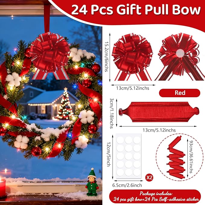 24pcs Red Pull Bow for Gift Basket Wrapping Xmas Gift Bows Presents Adhesive Wrap Ribbon Bow for Christmas Tree Bottles Bouquet Flower Valentine's Day Party Decor (Red-G)