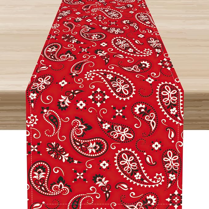 Red Paisley Table Runner, Rustic Damask Antique Floral Flower Retro Boho Swirled Pattern Vintage Coffee Table Center Decor for Family Kitchen and Living Room Outdoor Table Decorations, 13"x72"