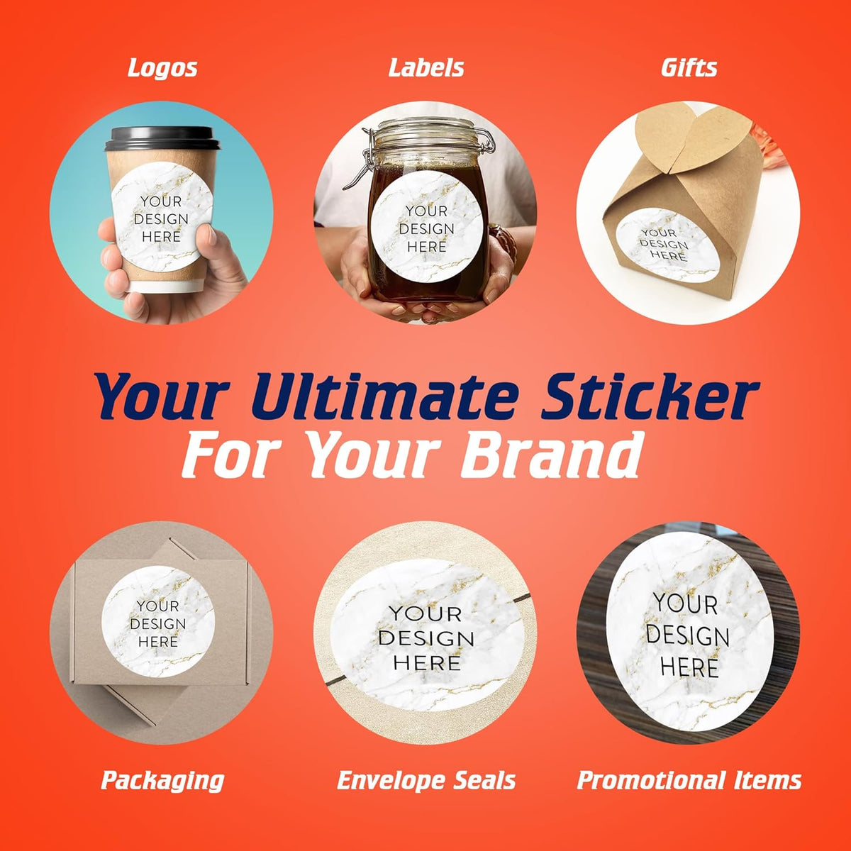 100 Custom Vinyl Stickers - Upload Your own Image, Text, Design, Logo - Personalized Logo Labels for Handmade, Packaging, Bottle, Jars, Candle, Brand Stickers (Gold Marble, 6x6)