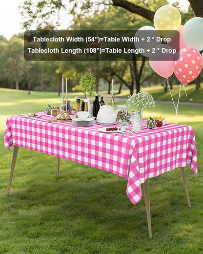 Smiry 20 Packs Gingham Disposable Table Cloth, 54 x 108 Inch Waterproof Plastic Tablecloth, Rectangle Hot Pink and White Checkered Table Covers for Picnic, Birthday, Party