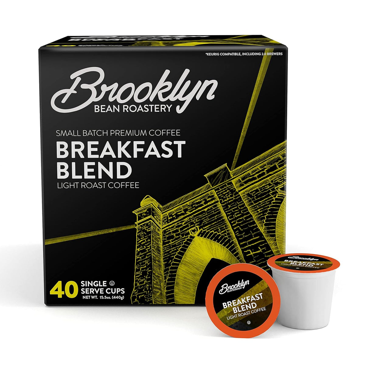 Brooklyn Beans Breakfast Blend Gourmet Coffee Pods - Compatible with Keurig 2.0 K Cup Brewers, 40 Count, Smooth and Balanced