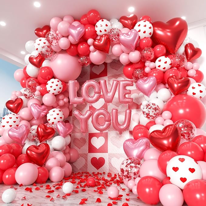 171pcs Valentines Day Balloons Garland Arch Kit, Pink Red White Confetti Heart Balloons Arch for Valentine's Galentine's Day Birthday Wedding Anniversary Engagement Party Decorations