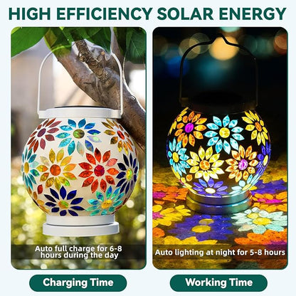 VOREEN Mosaic Solar Lanterns, Handmade Outdoor Glass Hanging Lights, Waterproof Solar Table Lamps, Gift for Mom Wife Friend, Decoration for Garden, Patio, Yard, Party, Balcony, Floral Pattern