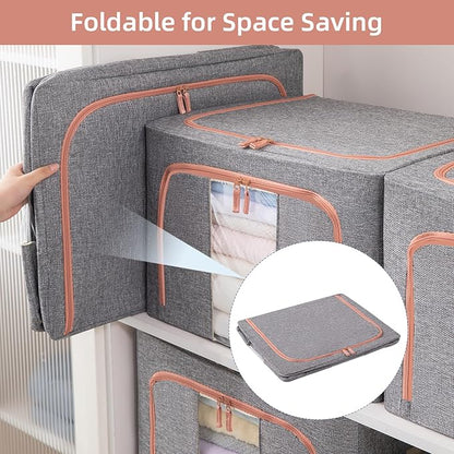 GuliPostan 3 Pack 66L Stackable Clothes Storage Bins with Metal Frame Handles & Zipper, Collapsible Closet Organizer Box with Lid for Bedding Blankets Towel (Grey)