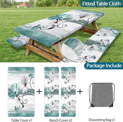 Rustic Farmhouse Teal Flower Picnic Table Cover with Bench Covers, Waterproof Teal Daisy Floral Flowers Butterfly on Country Wooden for Camping Indoor Outdoor Party Decorations, 30X72in