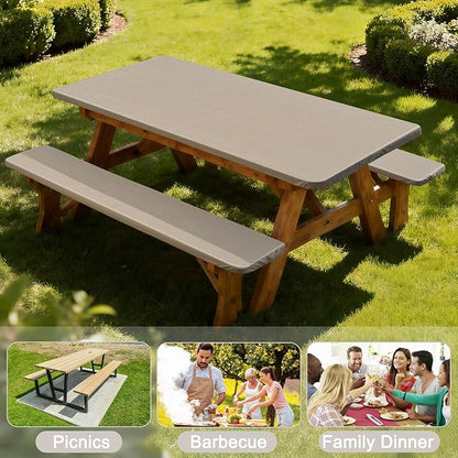 Picnic Table Cover with Bench Covers Windproof Waterproof Picnic Table Covers Camping Tablecloth with Self-Storage Bag, 72in, Light Brown