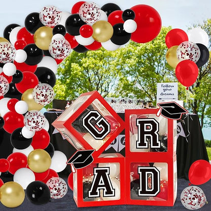 DAZONGE Graduation Decorations 2026, Set of 4 Red Grad Balloon Boxes with 139pcs Balloon Arch Garland Kit & 4 Light Strings - So Proud of You 2026 Graduation Decorations for Any Grades