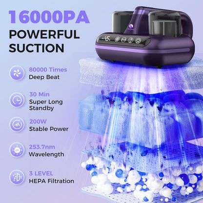 Mattress Vacuum Cleaner - 5-in-1 Cordless Bed Vacuum Cleaner, Powered by UV-C Light & Ultrasonic Technology, 16Kpa Strong Suction,Low Noise,Suitable for Dust, Pet Hair, Etc - Purple