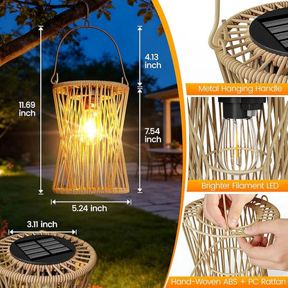 Solar Lanterns Outdoor Waterproof 1 Pack, Upgraded Rattan Hanging Solar Lights for Outside with Handle, Bright Auto On/Off Decorative Outdoor Lanterns for Patio Garden Yard Porch, Gifts for Mom