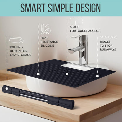 Maplefield Bathroom Sink Cover for Counter Space, Heat Resistant Silicone Sink Mat for Your Beauty Routine, Small Bathroom Space Saver Sink Cover for Makeup (Black Large, 22 x 2 x 2 Inches)