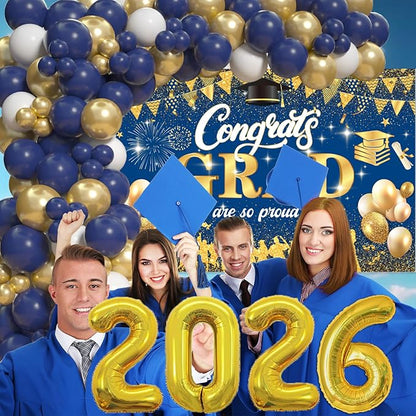 Blue And Gold 2026 Graduation Party Decorations - Graduation Balloon Arch Kit With Blue Gold Graduation Balloons, Congrats Grad Backdrop, 2026 Foil Balloons For High School Graduation Decorations