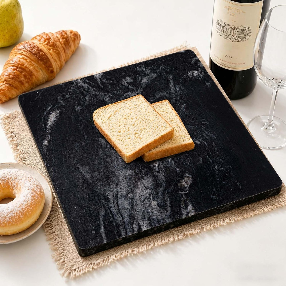 Black Marble Cutting Board, 16×16In Stone Cutting Boards for Kitchen | Marble Slab Pastry Board With Non-Slip Feet for Baking Cheese Charcuterie Dough - Wedding Gift, Easy Clean and Drain