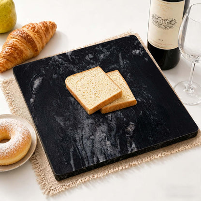 Black Marble Cutting Board, 16×16In Stone Cutting Boards for Kitchen | Marble Slab Pastry Board With Non-Slip Feet for Baking Cheese Charcuterie Dough - Wedding Gift, Easy Clean and Drain
