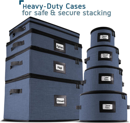 Coffee Mug Storage, 2 Pack Quilted and Stackable Coffee Cup Storage Organizer for Service of 24, Mug Storage Box with Dividers, China Containers Hard Shell for Moving and Organization, Blue