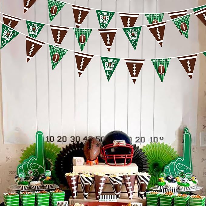 32Ft Football Pennant Banner - Green & Brown Triangle Flag Bunting Garland Streamers for Football Birthday, Baby Shower, Game Day & Sport Party Decor