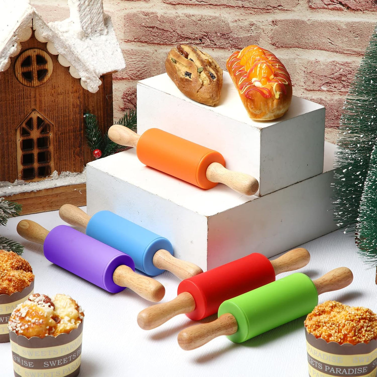 10 Pcs Small Rolling Pin Kids 9 Inch Mini Rolling Pin Silicone Wooden Cooking Pins Baking 5 Colors Non Stick Kids with Wooden Handle for Kitchen