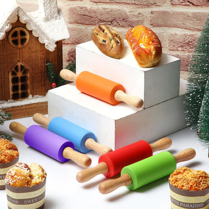 10 Pcs Small Rolling Pin Kids 9 Inch Mini Rolling Pin Silicone Wooden Cooking Pins Baking 5 Colors Non Stick Kids with Wooden Handle for Kitchen
