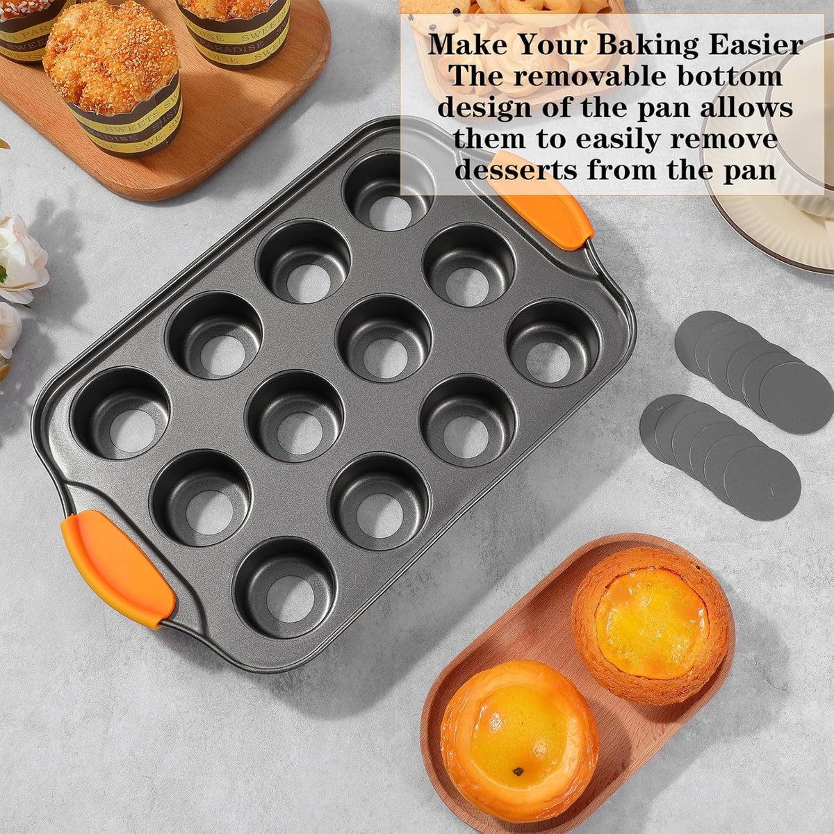 2Pack Mini Cheesecake Pans Removable Bottom Mini Cupcake Pans, 12 Cavity Minii Cheesecake Molds with Silicone Handle Nonslip Muffin Pan Baking