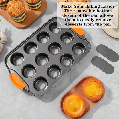 2Pack Mini Cheesecake Pans Removable Bottom Mini Cupcake Pans, 12 Cavity Minii Cheesecake Molds with Silicone Handle Nonslip Muffin Pan Baking