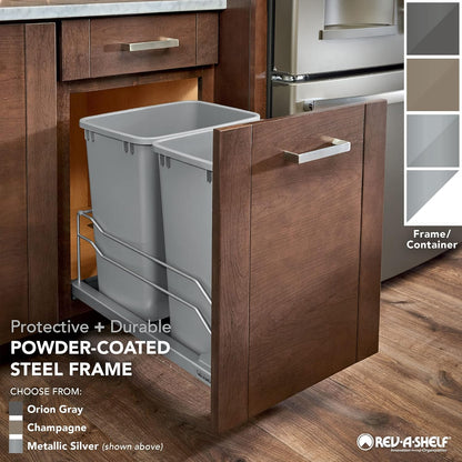 Rev-A-Shelf Double Pullout Trash Cans for Under Kitchen Cabinets 35 Quart 8.75 Gallon with Soft-Close Slides, Orion Gray, 53WC-1835SCDM-213