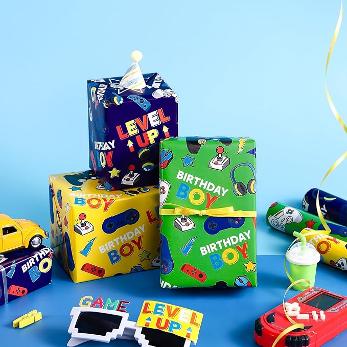 WRAPAHOLIC Gaming Wrapping Paper - 3 Short Roll - Video Game Birthday Wrapping Paper for Kids Boys Birthday, Game Lover - 17 Inch x 120 Inch Per roll