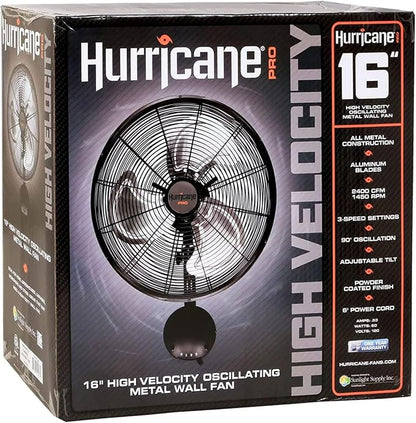 Hurricane 16" High Velocity Pro Oscillating Metal Wall Mount Fan w/ 3 Speeds, Black - Corded Electric Air Cooling Unit w/Powerful 2400 CFM Airflow for Home, Garage, Gym, Workshop & Greenhouse