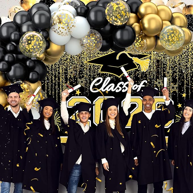 Graduation Decorations 2026, Black and Gold Balloon Garland Arch, Black and Gold Graduation Decorations with Congrats Grad Tablecloth and Class of 2026 Backdrop for High School College Grad Party