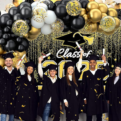 Graduation Decorations 2026, Black and Gold Balloon Garland Arch, Black and Gold Graduation Decorations with Congrats Grad Tablecloth and Class of 2026 Backdrop for High School College Grad Party