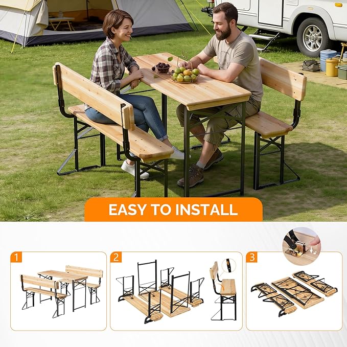 VINGLI 45 Inch Folding Picnic Tables and Chair Set with Backrest Bench, Weather-Resistant Wooden Beer Garden Table Bench, 3-Piece Portable Fold Up Camping BBQ Table,Natural Wood Color