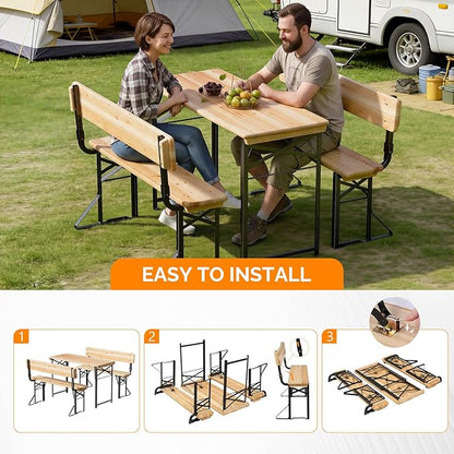 VINGLI 45 Inch Folding Picnic Tables and Chair Set with Backrest Bench, Weather-Resistant Wooden Beer Garden Table Bench, 3-Piece Portable Fold Up Camping BBQ Table,Natural Wood Color