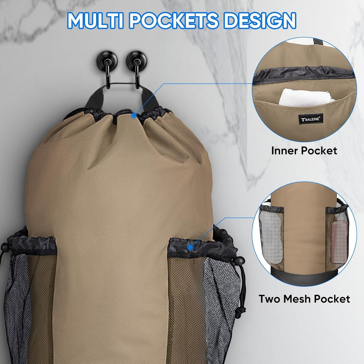 BALEINE 120L Laundry Bag Backpack, 900D Oxford Fabric Large Travel Laundry Bags with Shoulder Straps and 2 Mesh Pockets for College Dorm, Apartment, Laundromat (Khaki, 120L)
