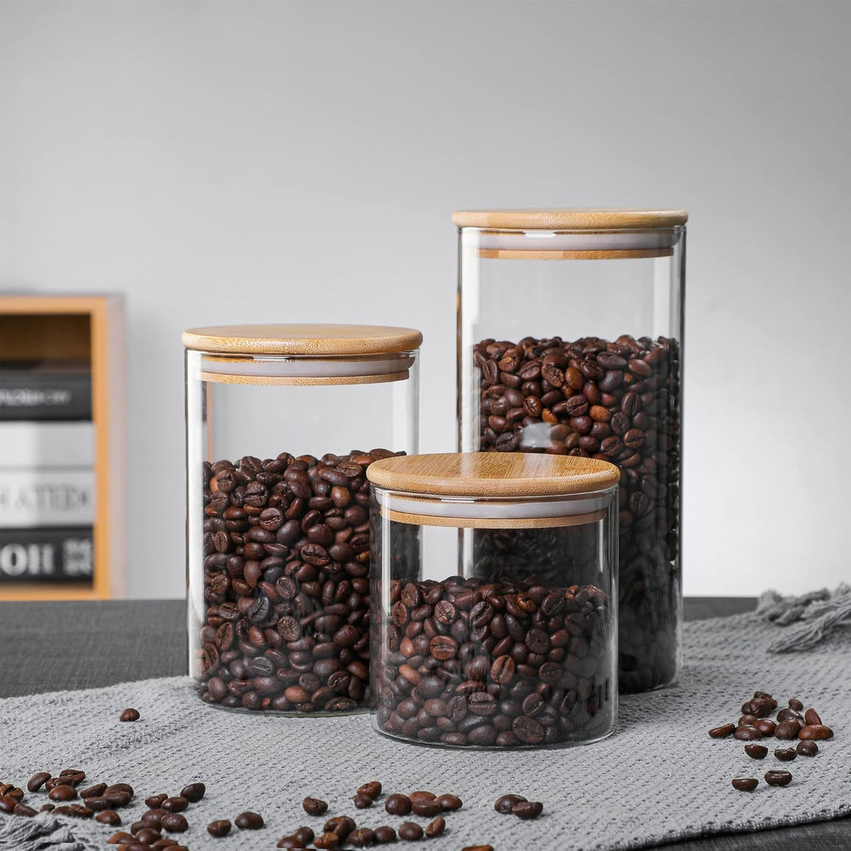 Molfuj 960 ML / 32 FL Oz Glass Storage Container with Wood Lid, Stackable Clear Decorative Organizer Bottle Canister Pantry Jar with Air Tight Wooden