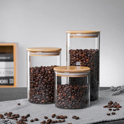 Molfuj 960 ML / 32 FL Oz Glass Storage Container with Wood Lid, Stackable Clear Decorative Organizer Bottle Canister Pantry Jar with Air Tight Wooden
